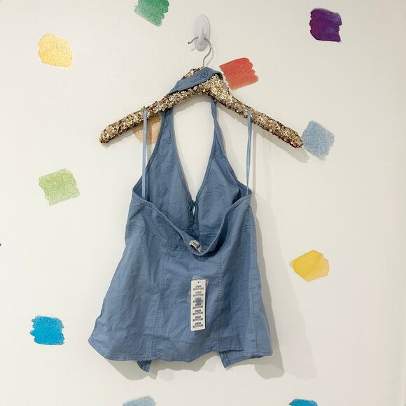 S Urban Outfitters Chambry Blue Corset Halter Top NWT Linen Blend - Picture 5 of 8